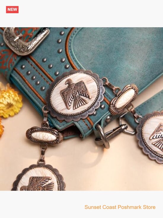 Large Western Concho Metal Chain Belt with Turquoise for Women